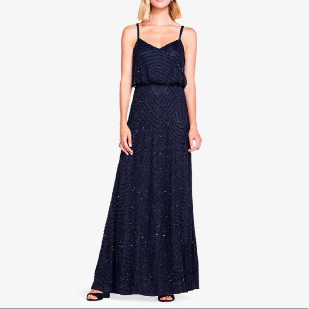 Adrianna Papell navy blue beaded sequined gown size 4